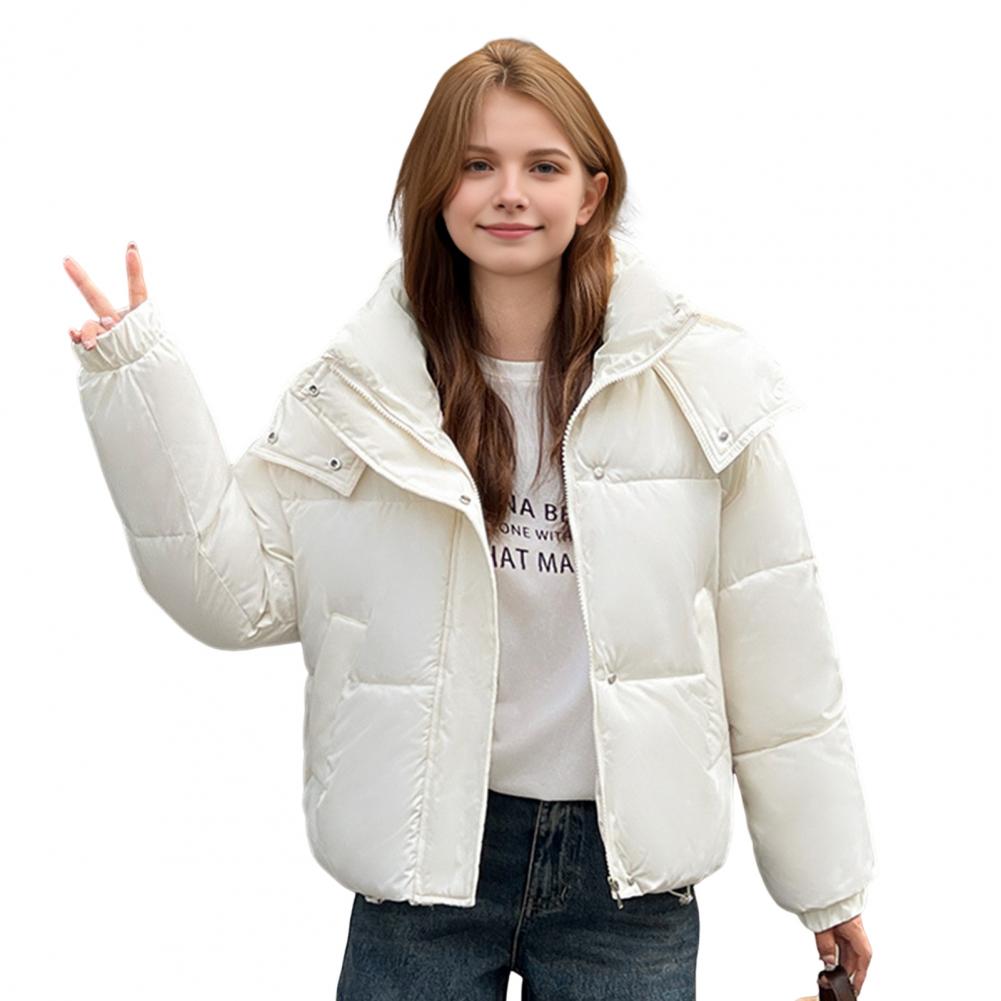 Winter Women Cotton Jacket Stand Collar with Hood Neck Short Type Pockets Zipper Closure Padded Coat Solid Color Wind
