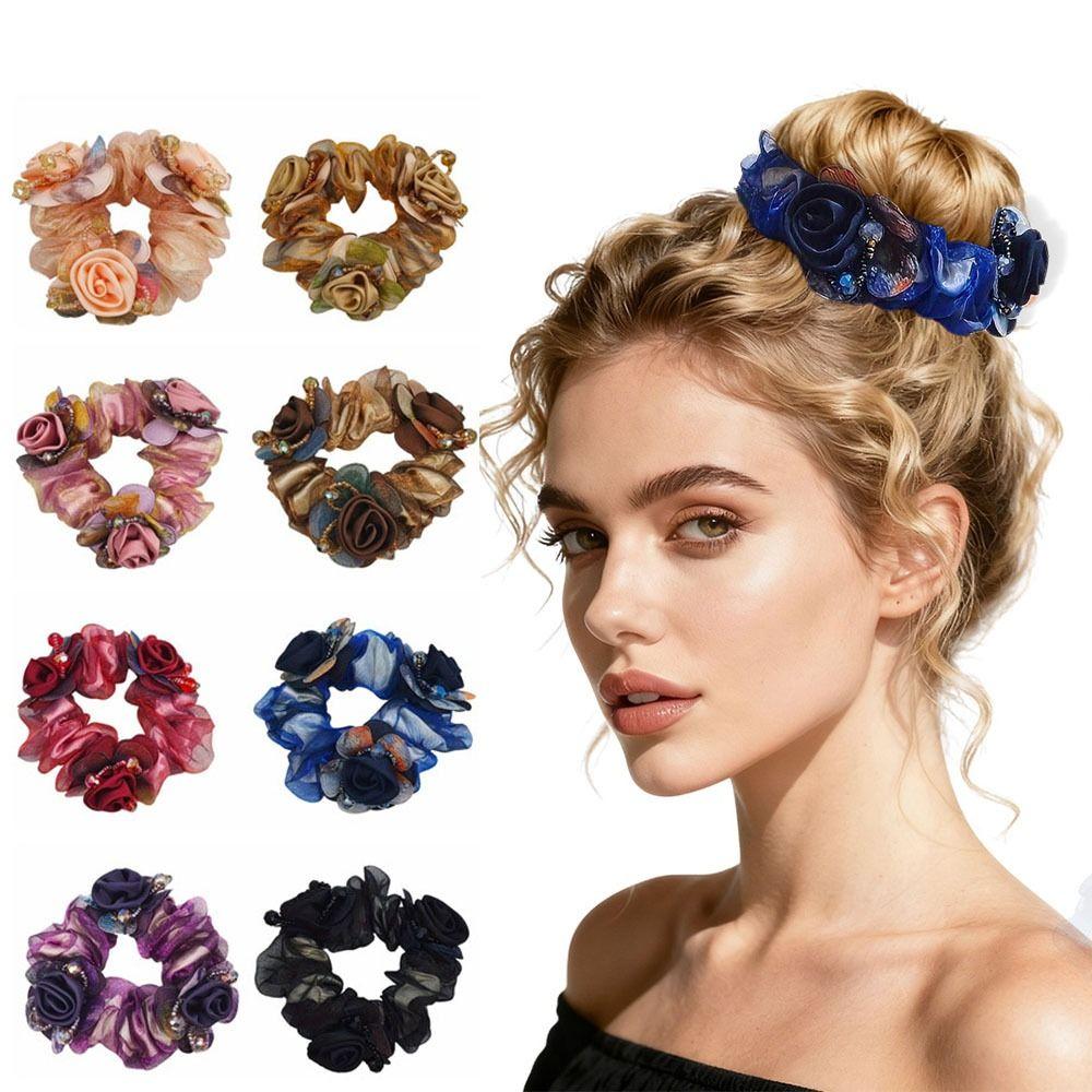 3 Flower Lace Hair Scrunchies Floral Pattern Bun Rubber Bands Large Intestine Hair Ring Daily Use