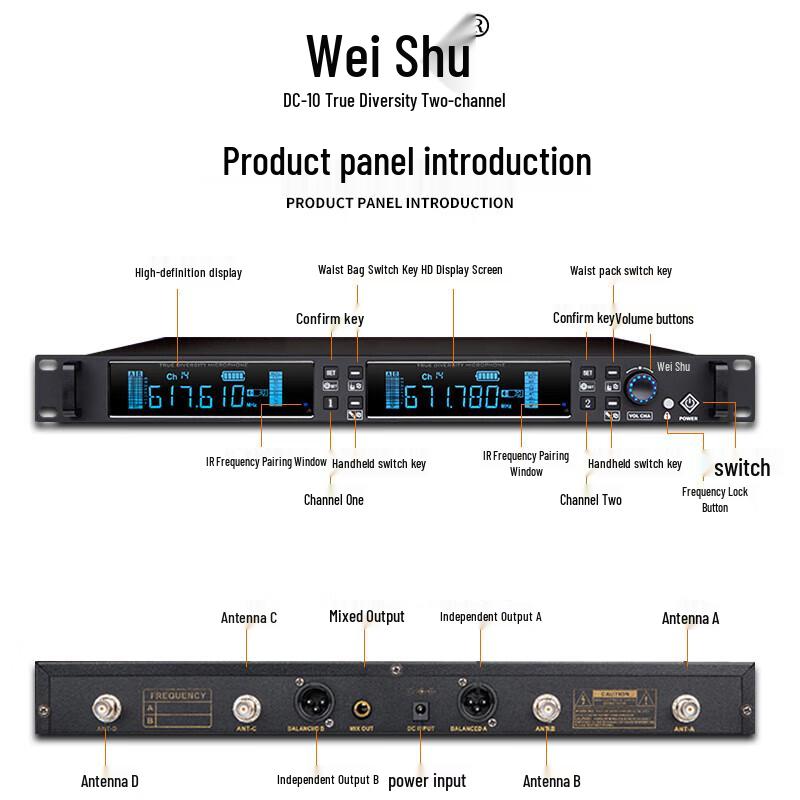 Wieshu DC-10SH Pro True Diversity Двухканальная Беспроводная Ручная Микрофонная Система (Китайская версия)