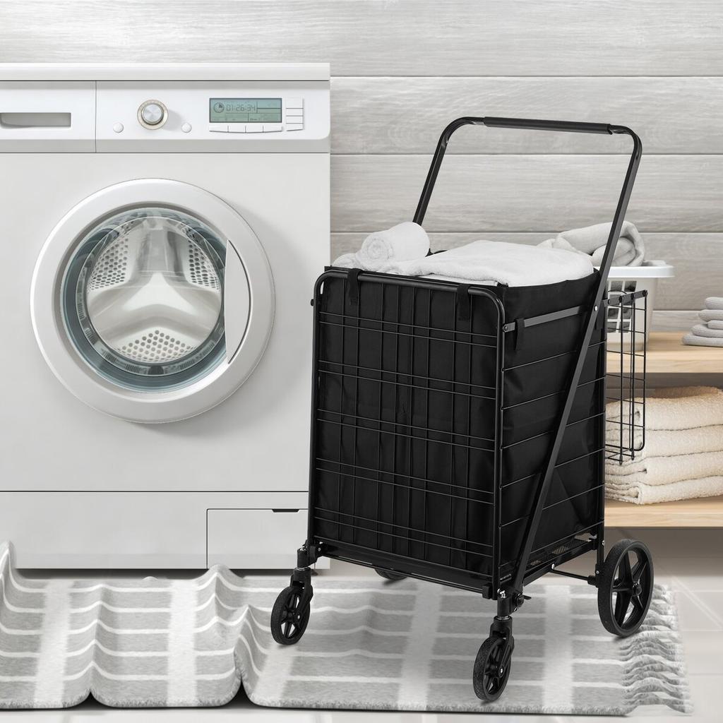 Folding Shopping Cart with Removable Waterproof Liner, 330LBS Large Capacity Jumbo Grocery Cart with Dual Basket, 360° Swivel Wheels, Dense Metal Mesh
