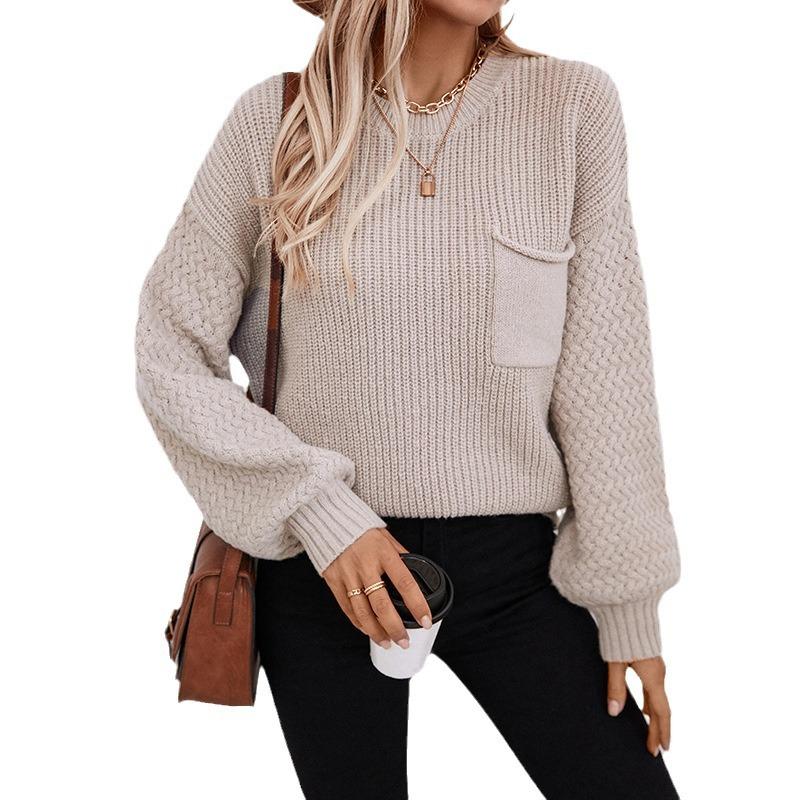 Осенне-зимний женский свитер с круглым вырезом, свободным карманом, вязаный свитер с рукавами-фонариками