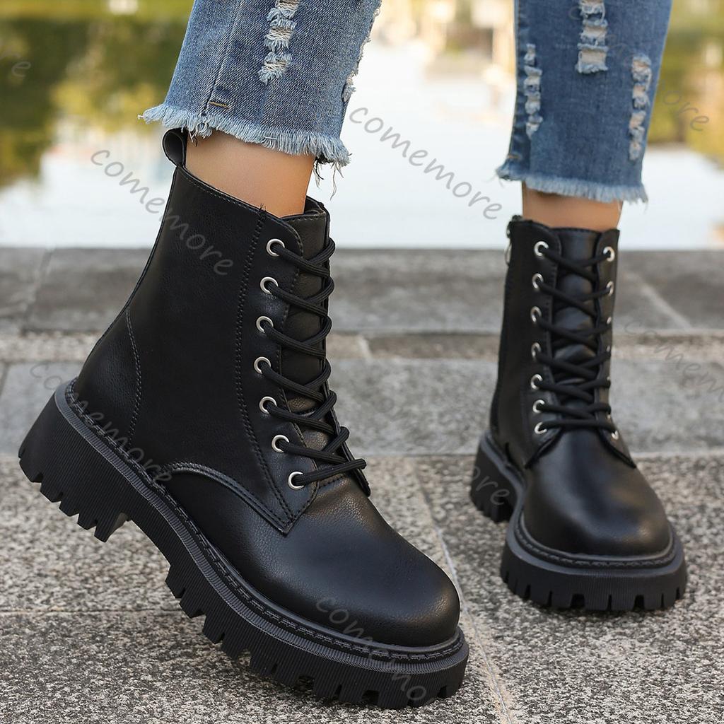Fashion Comemore Shoes for Woman Bottom Lace-up Leather Ankle Boots Autumn Fashion Women Shoes Lace Up Leather Heeled Bottines Femmes
