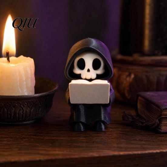Versatile Desktop Decoration Grim Reaper Reading Figurine, 3D Printed Mini Skull Statue, Fun Sculpture Cute Gothic Skeleton Ornament for Bookshelf,