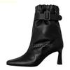 Fashion 2025 New Fashion Solid Color Short Boots Ankle Belt Buckle Elastic Band Mid Heel Boots Thin Heel Pointed Toe Leather Shoes Boots