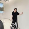MODIQUE Summer Plus Size New Women Loose Patchwork A-Line Stripe Mock Two-Piece Long Dresses Elegant Lady Casual Cotton V-Neck Short Sleeve Skirt