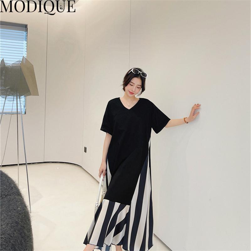 MODIQUE Summer Plus Size New Women Loose Patchwork A-Line Stripe Mock Two-Piece Long Dresses Elegant Lady Casual Cotton V-Neck Short Sleeve Skirt