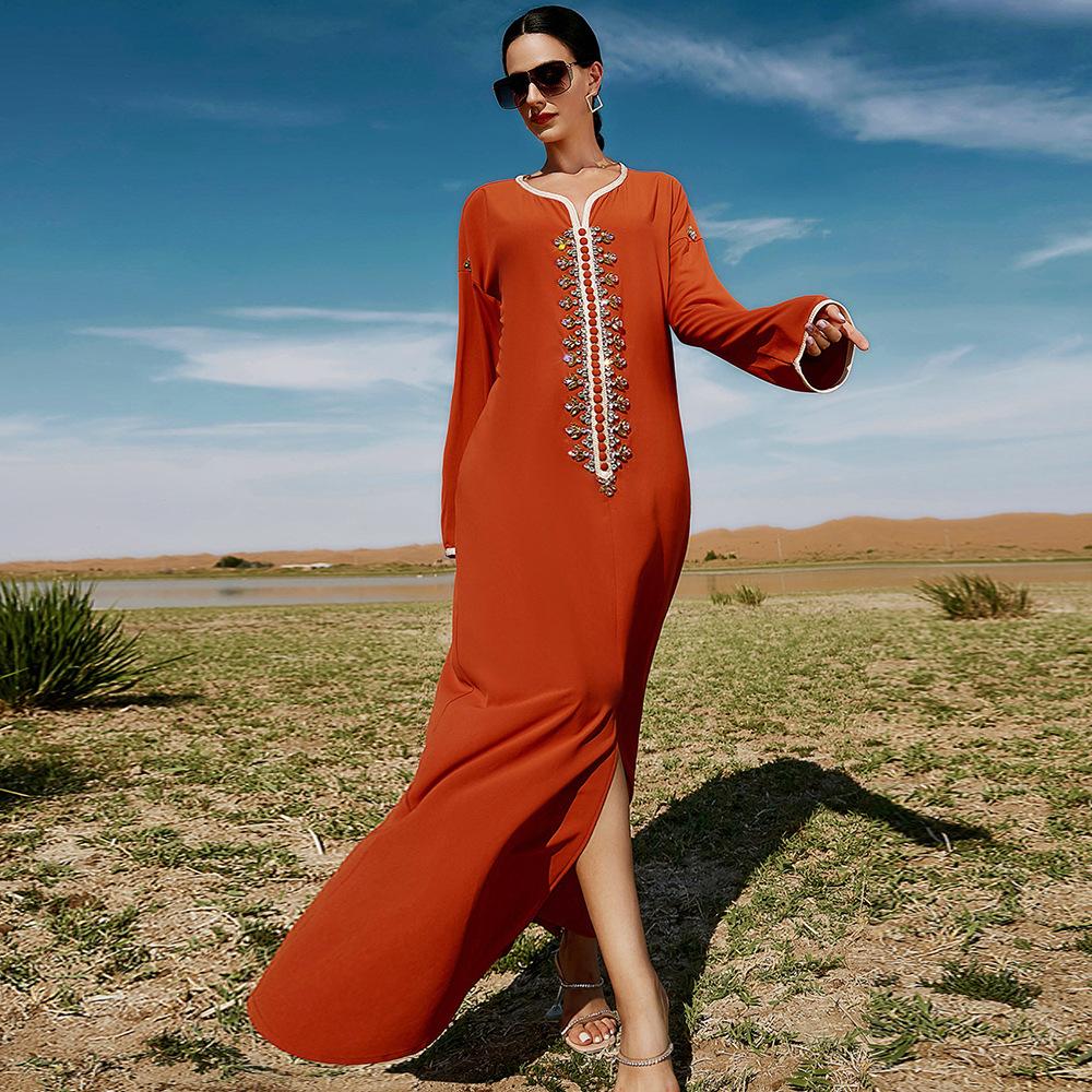 Women's Clothing Orange Handmade Rhinestone Webbing Dubai Loose Muslim Dress