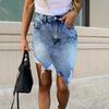 Women Summer Denim Skirt High Waist Button Zipper Fly Mini Skirt Ripped Holes Irregular
