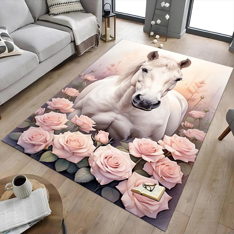1PC horse flowers Extra Large Non Slip Floor carpet, Office, family, Studio Large Area Rug Indoor Rugs, Bold Statement Piece