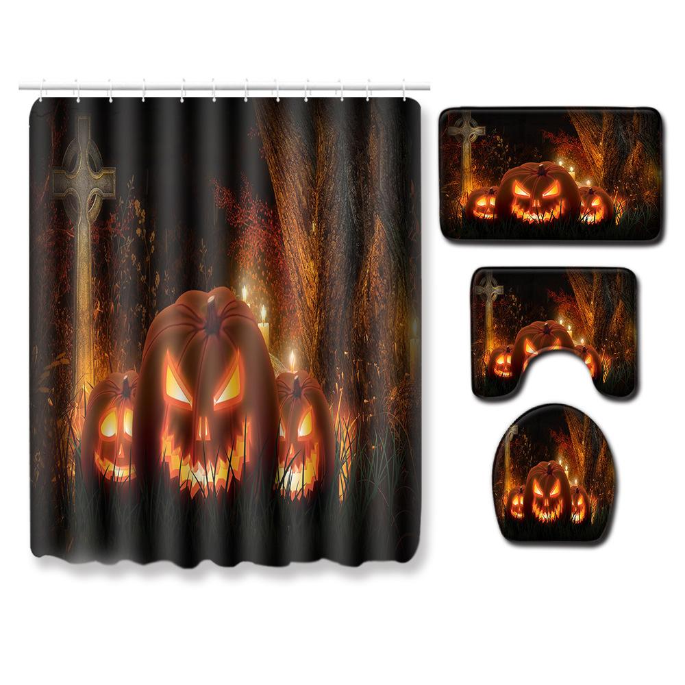 Halloween Shower Curtain Floor Mat Three-Piece Combination Set, Living Room Sand Absorbent Carpet, Bedroom Non-Slip Door Mat