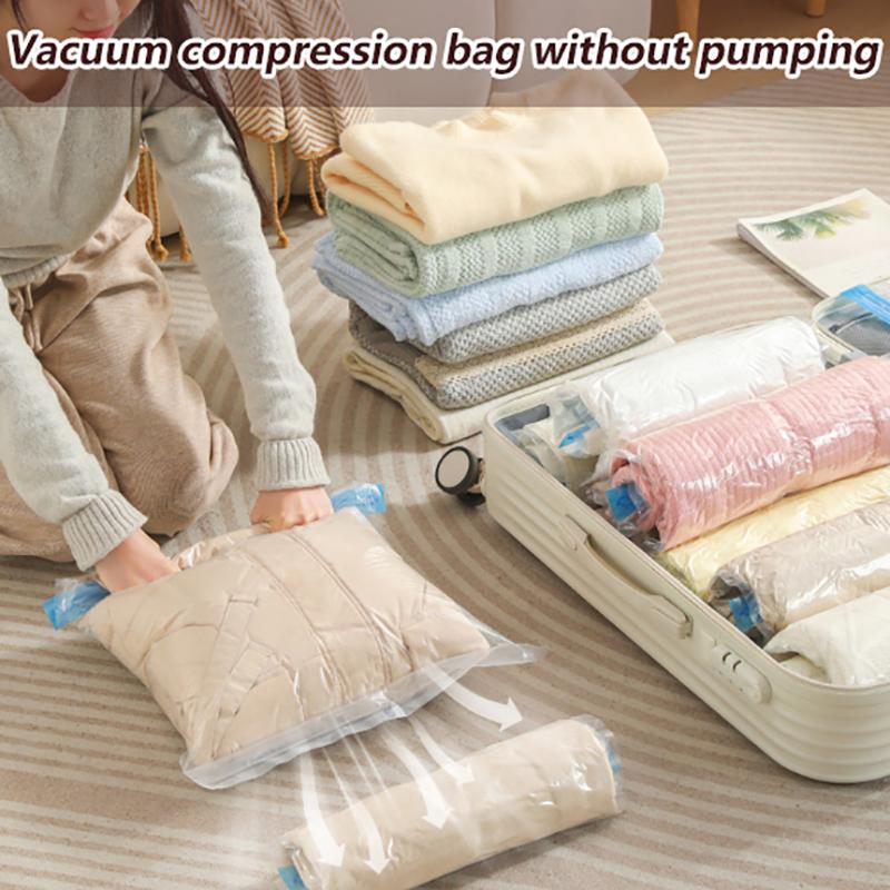 Не требуется воздушный насос Дорожные сворачивающиеся компрессионные пакеты Многоразовый вакуумный пакет для хранения Экономит 80% места для хранения Сворачивающаяся компрессия
