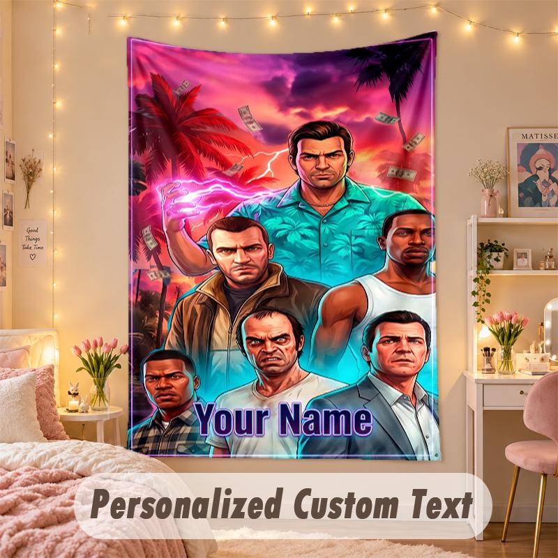 Custom Personalized Tapestry,GTA Print Custom Name Text Wall Art Hanging for Bedroom