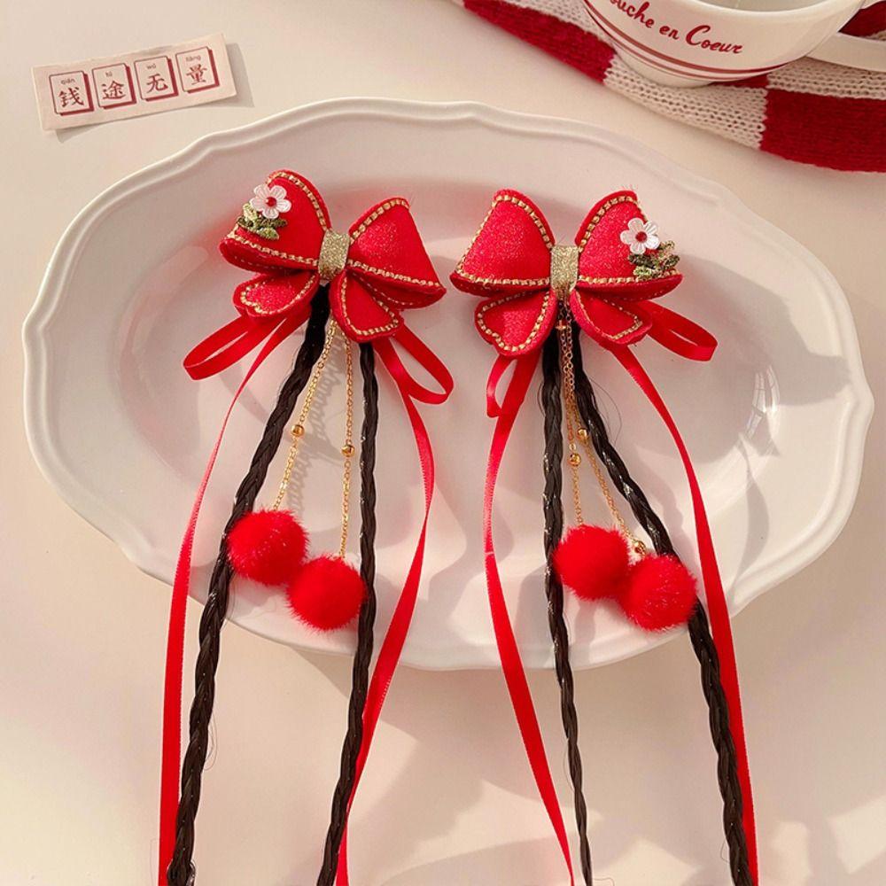 2pcs Hanfu Headdress Children Red Hairclip Flower Tassel Bow Wig Braid Hairpin New Year Headwear