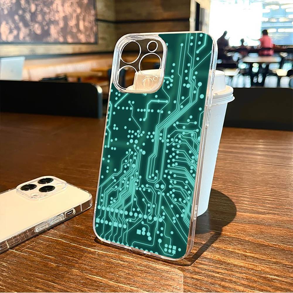 Чехол для телефона с принтом печатной платы Для iPhone17,16,15,14,13,12,11 Plus,Pro Max Мягкий прозрачный чехол