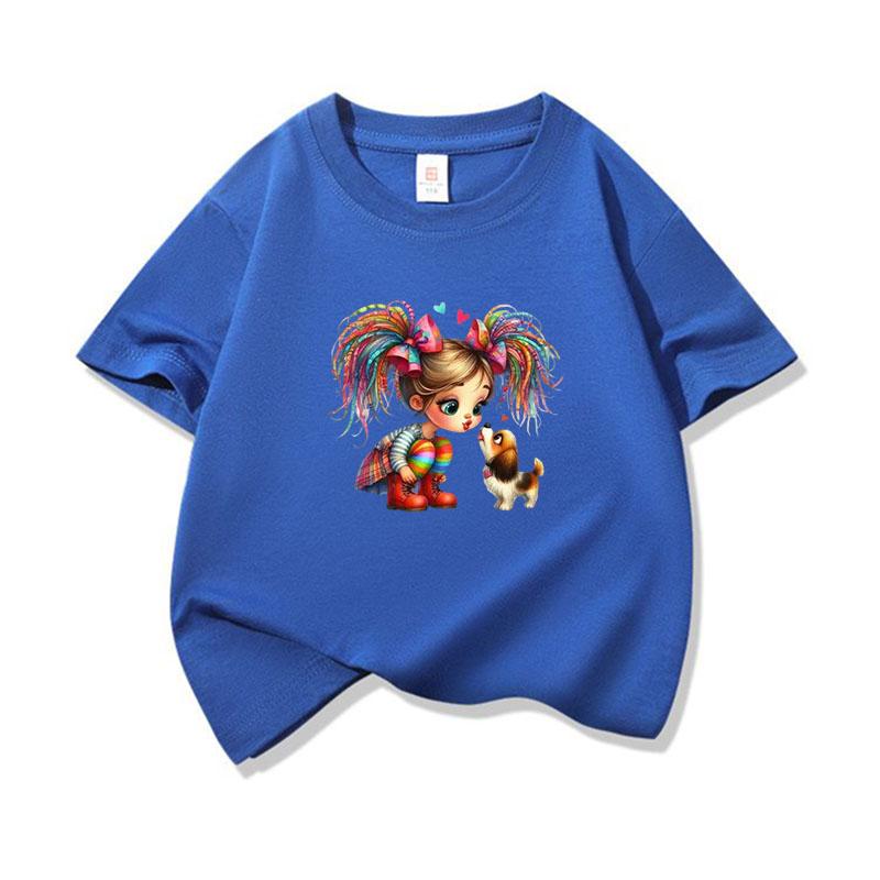 Kids Cotton T Shirt Rainbow Hair Girl Kissing Puppy Dog Print Crew Neck Short Sleeve Tee Casual Boys Girls Summer Tops