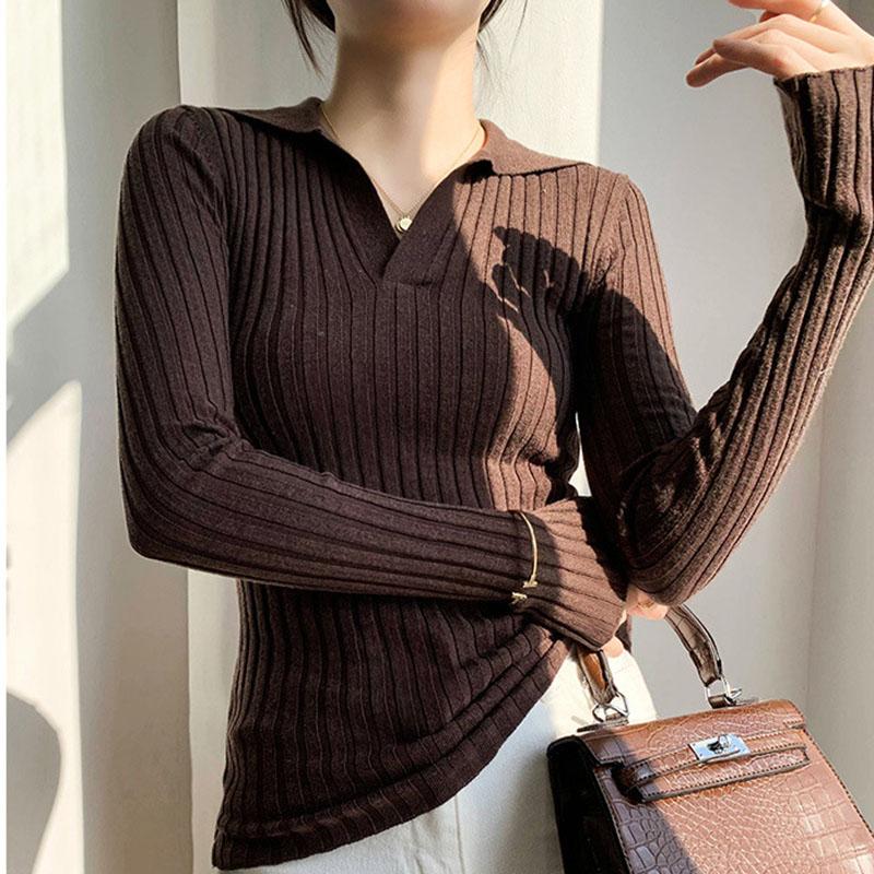 Autumn/winter Knitted T-shirt Women's Pullover Knit Sweater V-neck Polo Shirt Top Knitted Undershirt Women's Stretch Skinny Sweater Undershirt