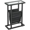 Metal Side Table With Fabric Pocket And Glass Top Narrow Table For Living Room Bedroom Black