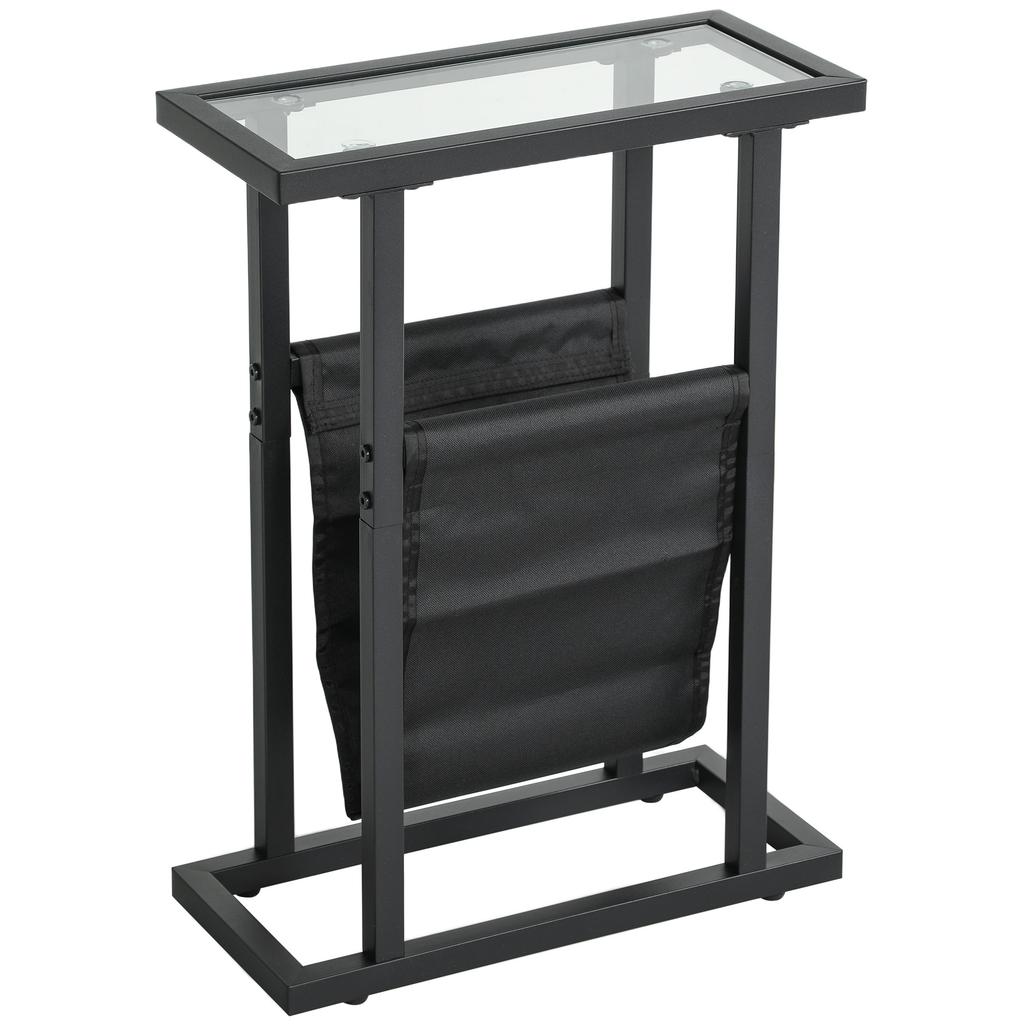 Metal Side Table With Fabric Pocket And Glass Top Narrow Table For Living Room Bedroom Black