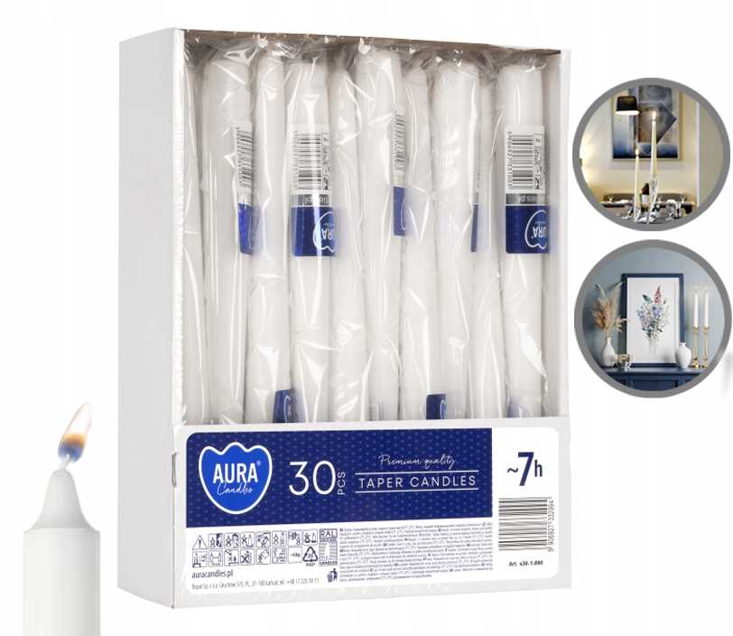 Aura Tapered Table Candle White 7H 1 Piece S30-1-090