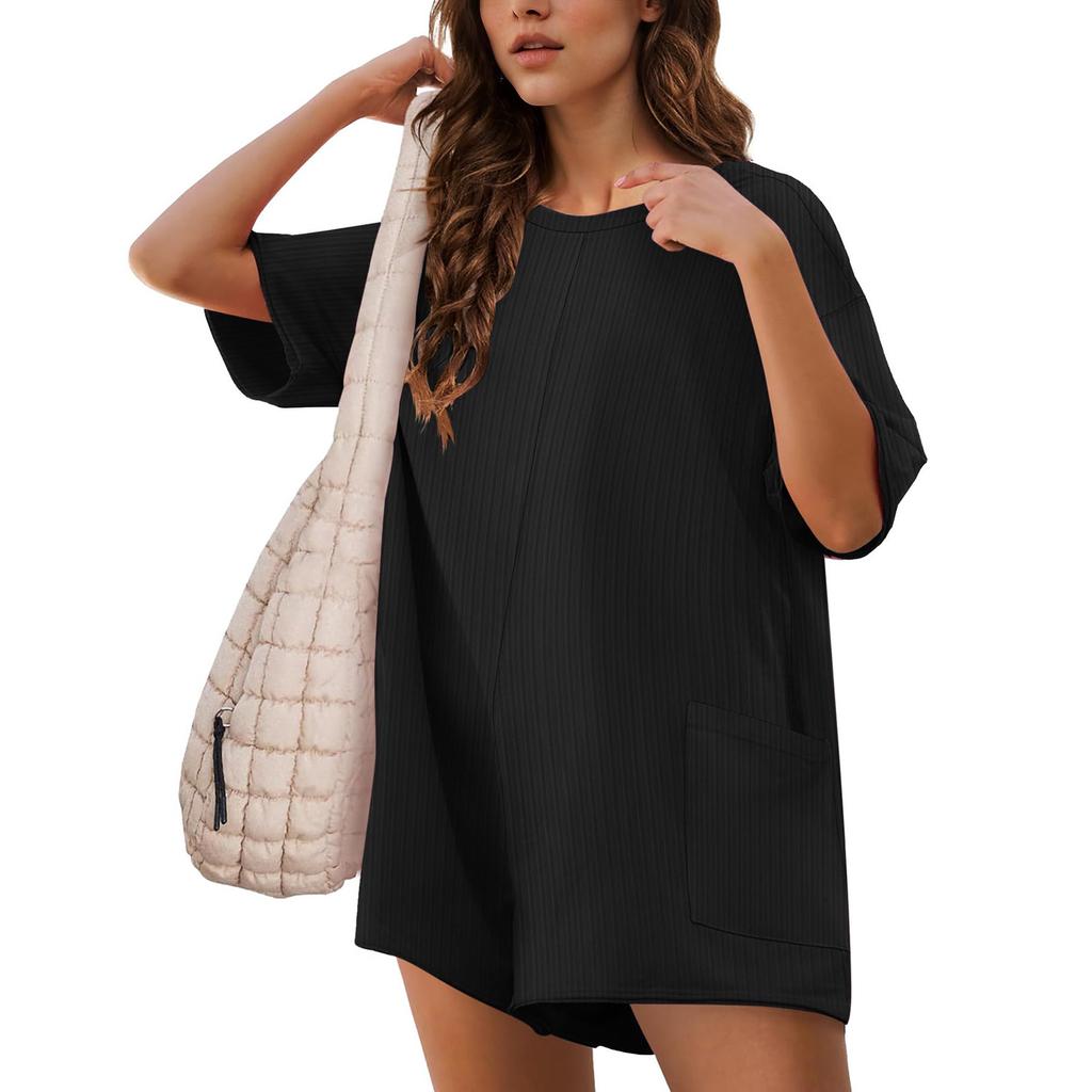 Летние комбинезоны для женщин с коротким рукавом, ребристые свободные футболки, шорты с карманом