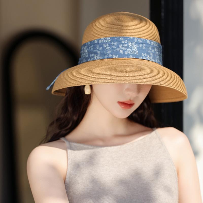Шляпа Женская Ленточная Шляпа из Соломы Рафии с Широкими Полями Солнцезащитная Шляпа Летняя Солнечная Шляпа Чувство Стиля