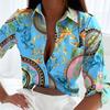 Streetwear Large Size Print Turndown Loose Long Floral Sleeves Elegant Office Collar Button Down Blouse Top