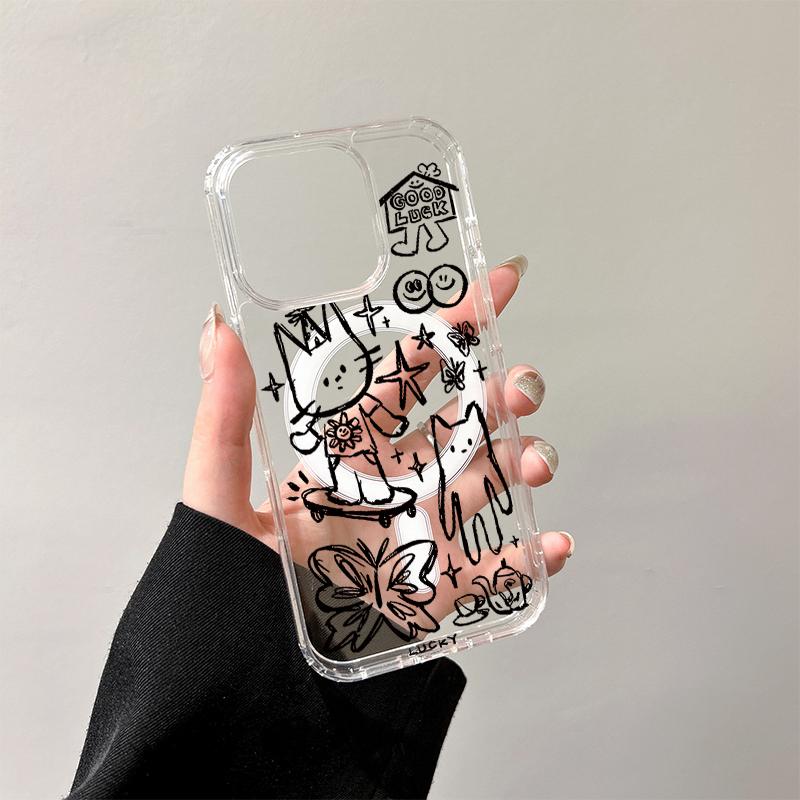 Крутой чехол-зарядка с граффити-котом для iPhone 17 Air 16 E 15 14 Plus 13 12 Mini 11 Pro Max Прозрачный силиконовый чехол с бортиком