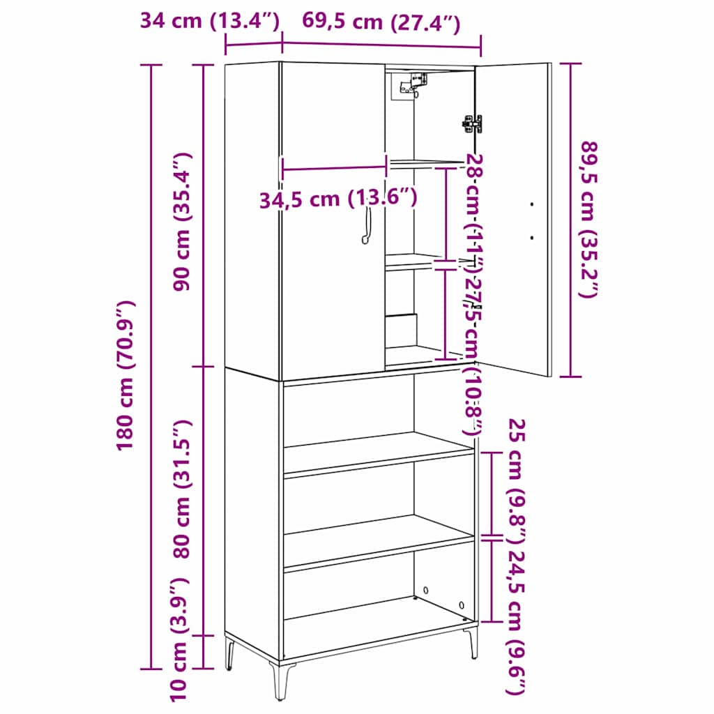 Highboard Reclaimed Wood 69.5 x 34 x 180 cm Wood based Panel