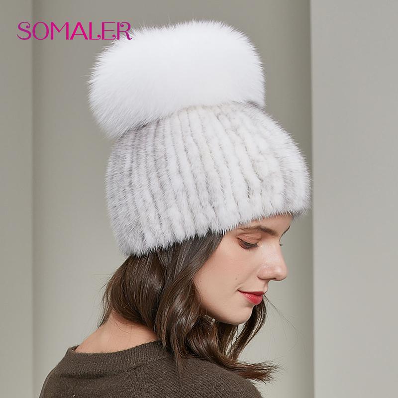 SOMALER Женские меховые шапки на зиму, шапка из натурального норкового меха с помпонами из меха чернобурки, вязаные шапочки, достаточно теплые