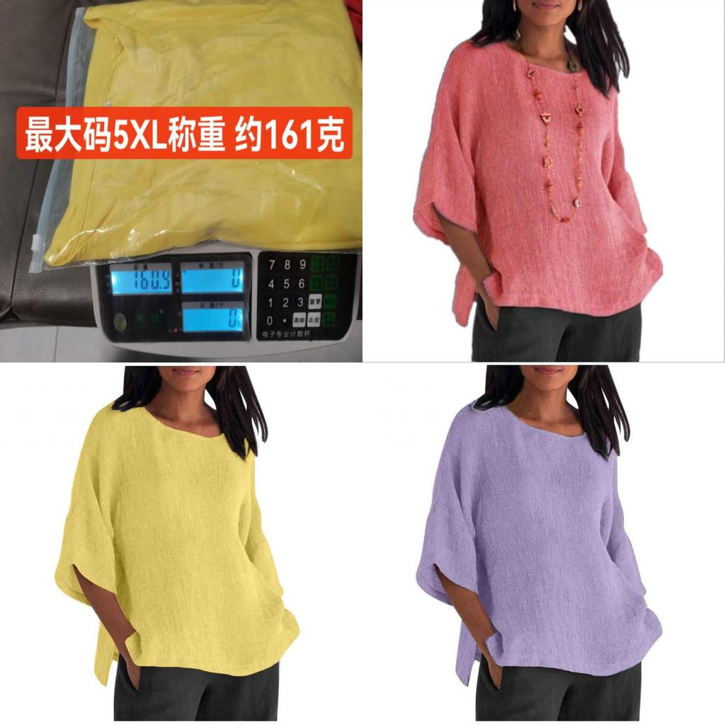 Cotton Linen Blouse For Women With Round Neck And Seven Quarter Sleeves For Casual Office Wear