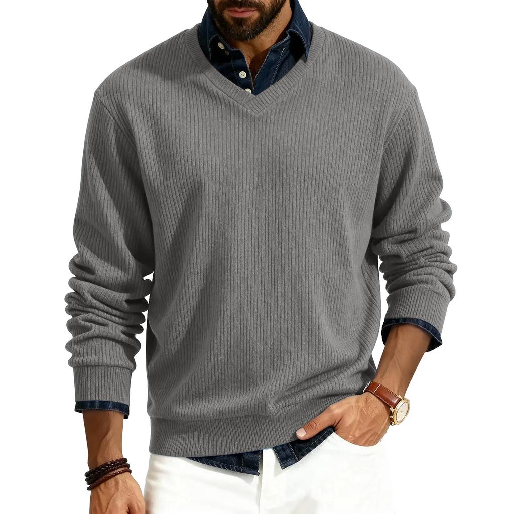 Men's V-neck Long-sleeved Ribbed Knit Pullover