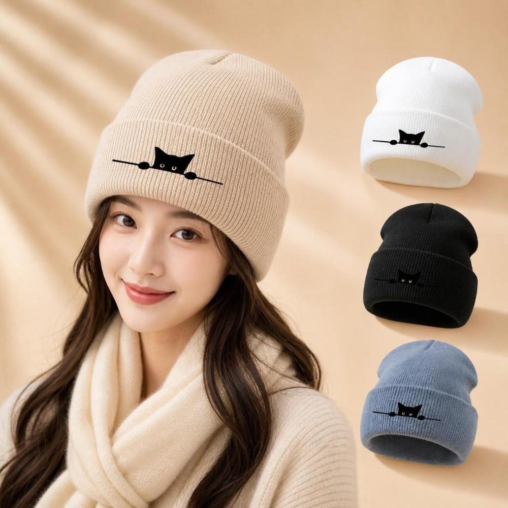 Solid Color Knitted Beanie Hat Cartoon Cat Printed Pullover Cap High Quality Warm Hat Outdoor