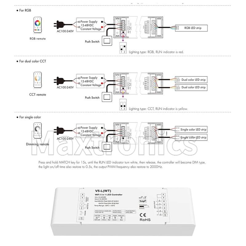 Skydance WiFi & RF 5 in1 CV Controller V5-L(WT) (Tuya App) 5CH*6A 12-48VDC for RGB RGBW RGB+CCT CCT Single Color LED Strip Light