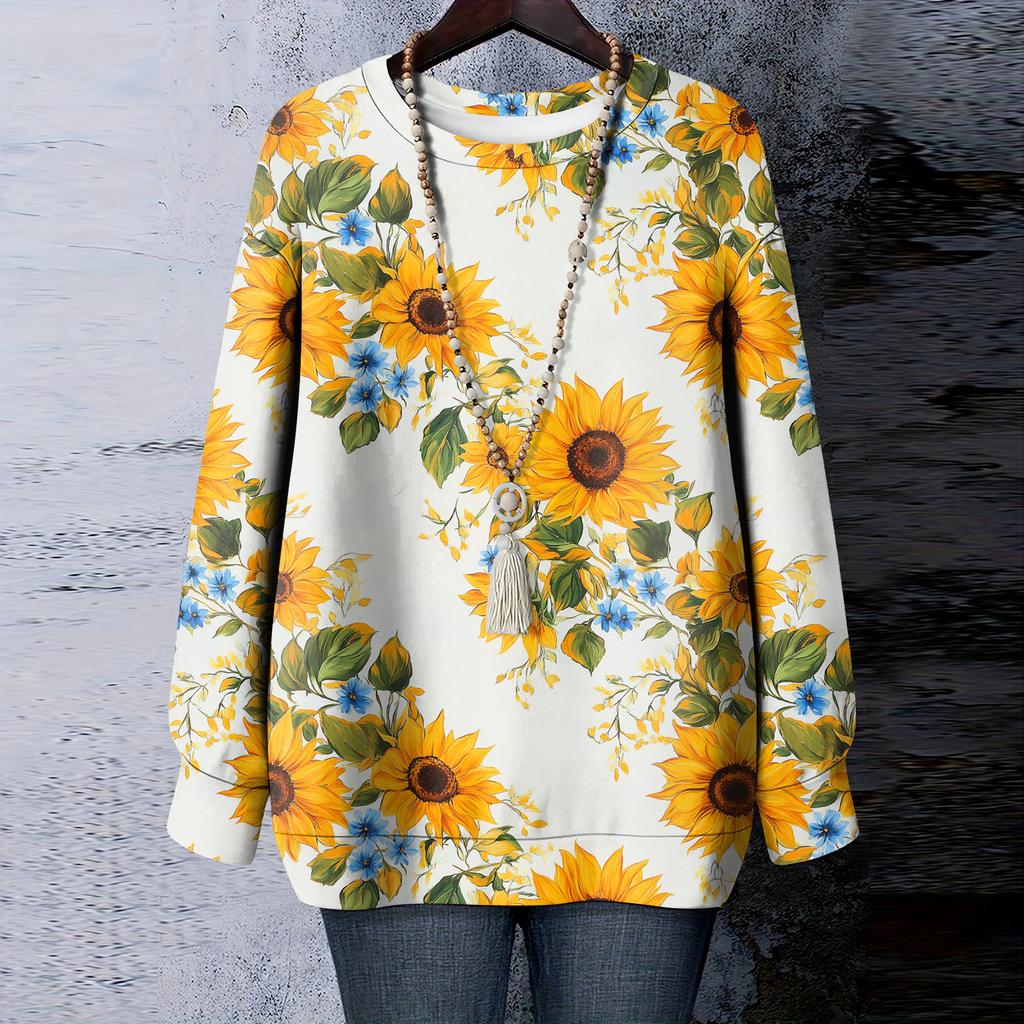 Женская футболка с цветочным принтом, круглым вырезом и длинными рукавами, свитшот