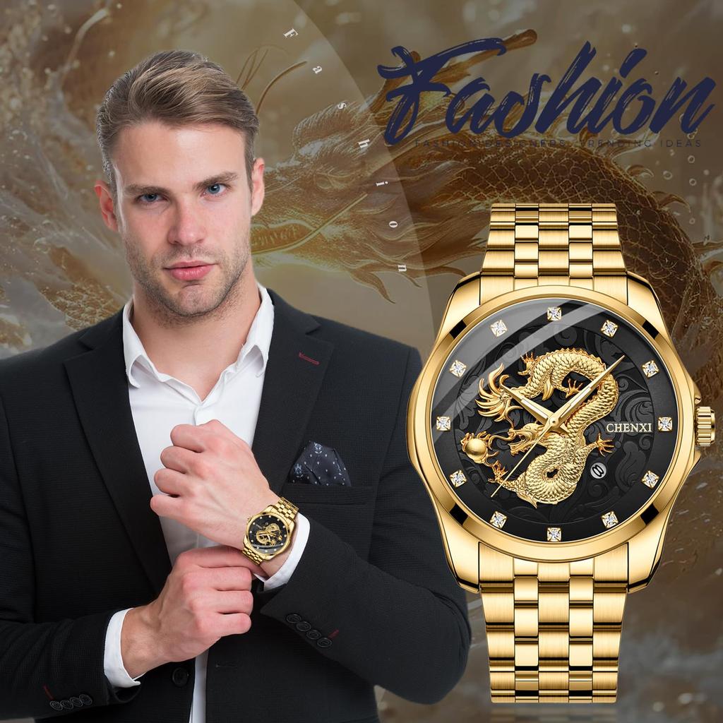 Dragon Watch Stainless Steel Luminous Analog Calendar Dragon Quartz Watch Antique 3ATM Waterproof Fashion Accessories Gold Birthday Anniversary