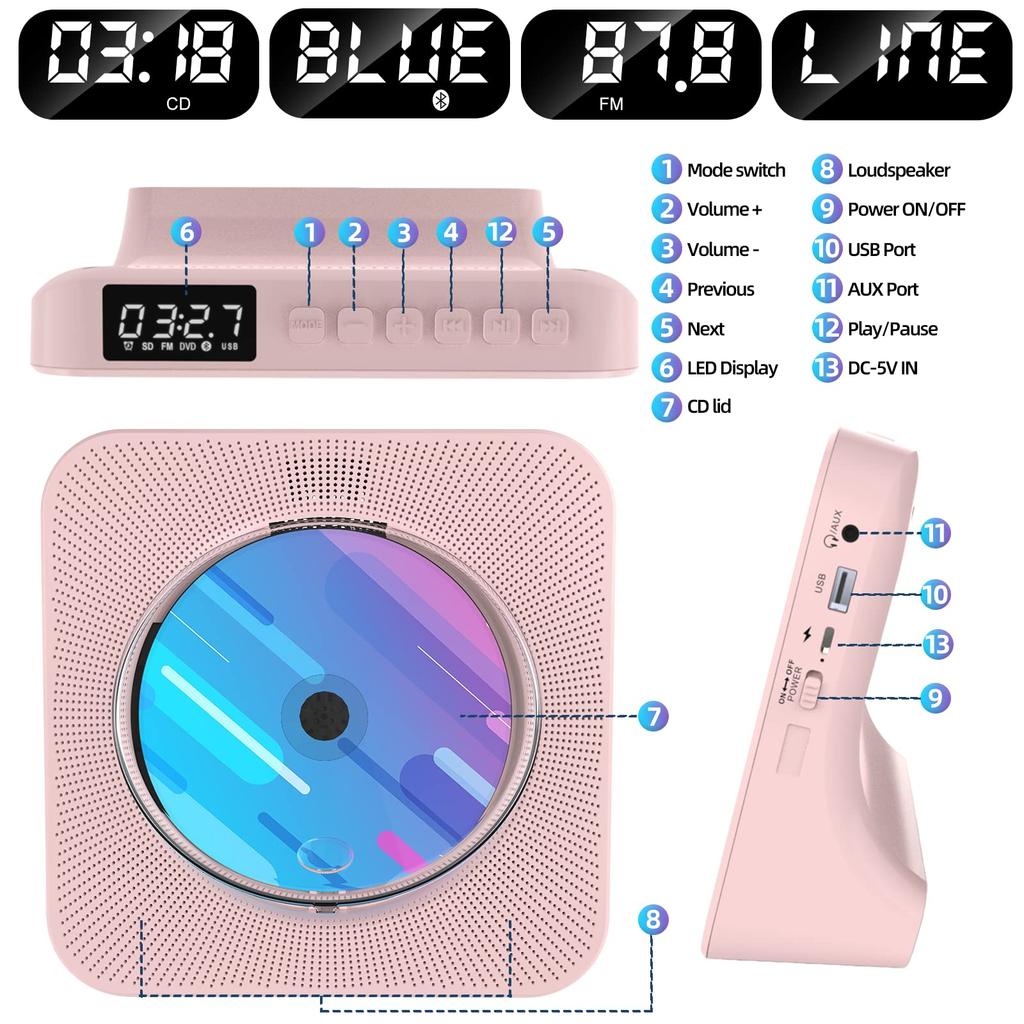 Gueray CD Player Bluetooth Speaker Desk CD Player USB Playback AUX Output Support FM Radio Function CD Boombox Repeat Playback CD Player Music