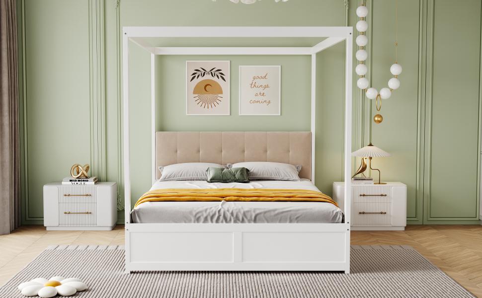 Canopy Bed 140*200 cm with Large Drawers and Soft Backrest, Wood Bed White