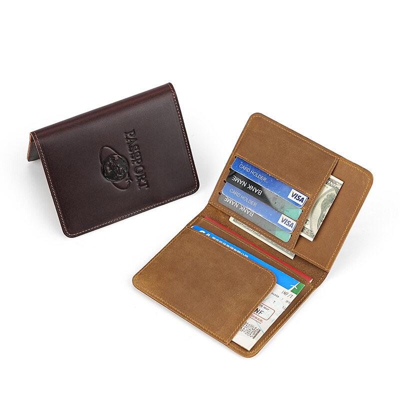 Durable Crazy Horse Leather Passport Cash Card Holder Integrated Boarding Pass Airplane Ticket Book Protective Cover