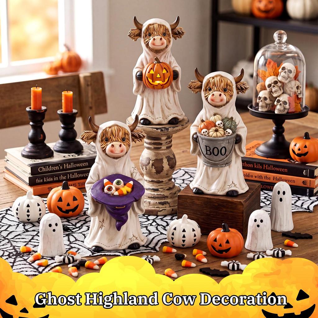 3 Halloween Highland Cow Statues, Cute Ghost Decorations, Hooded and Mummy Cow Statues with Pumpkin Decorations, for Layered Tra