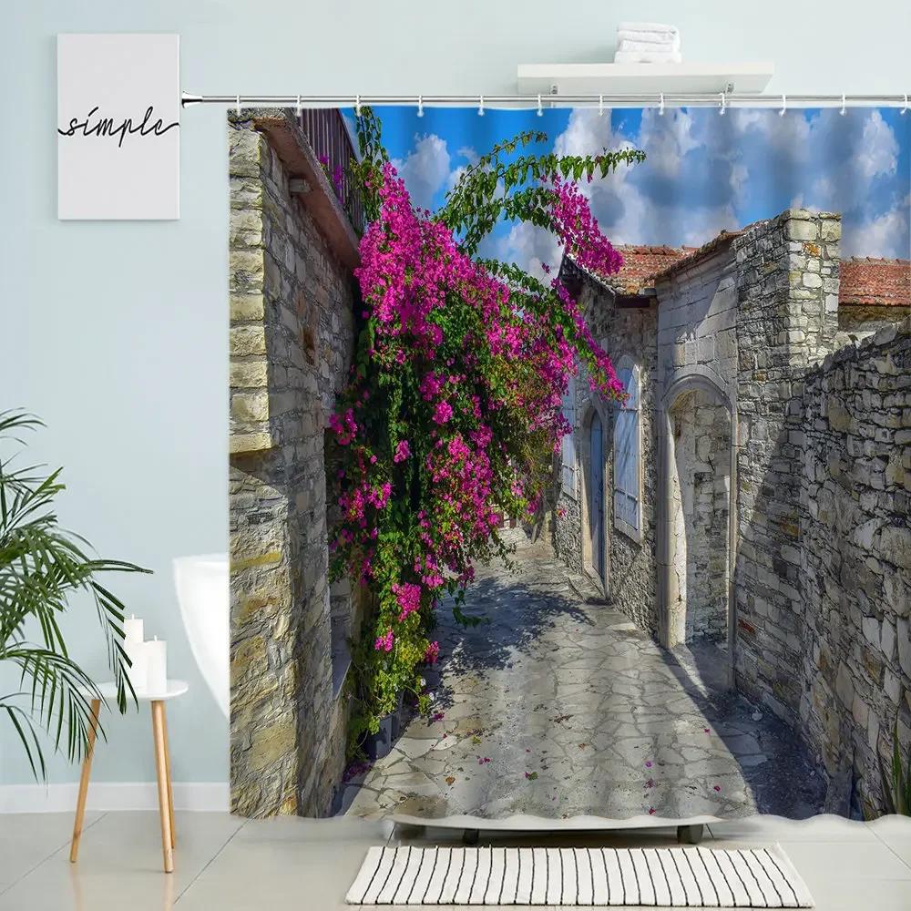 Greece Street View Shower Curtain Country Retro Town Spring Green Plants Flowers Vines Scenery Bathroom Decor With Hook Screen