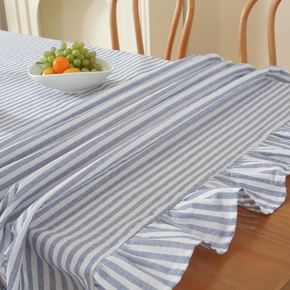 Vertical Striped Table Cover Ruffle Trim Rectangular Tablecloth Farmhouse Tablecloth Wedding Decor