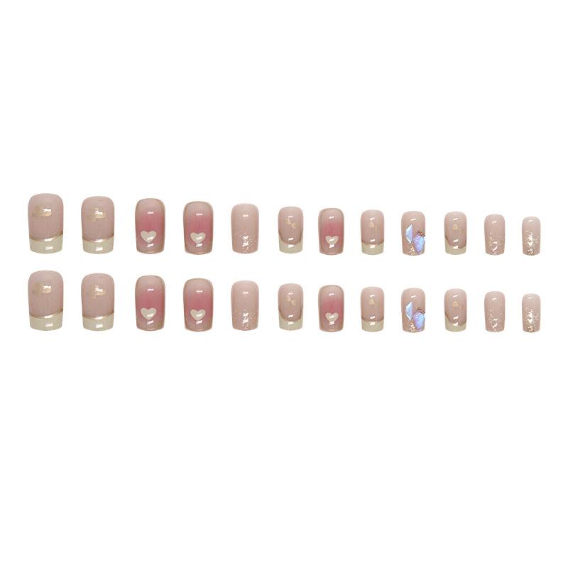Sweet Blush Burst Flash Milk Yellow Love French Glass Broken Diamond Manicure Pieces Fake Nail Finished 24 Pieces