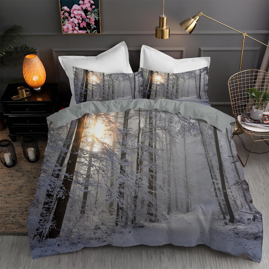 Snow Christmas Duvet Cover Set, Decorative 3 Piece Bedding Set With 2 Pillow Shams, Single King Queen Twin Size Bed Collection