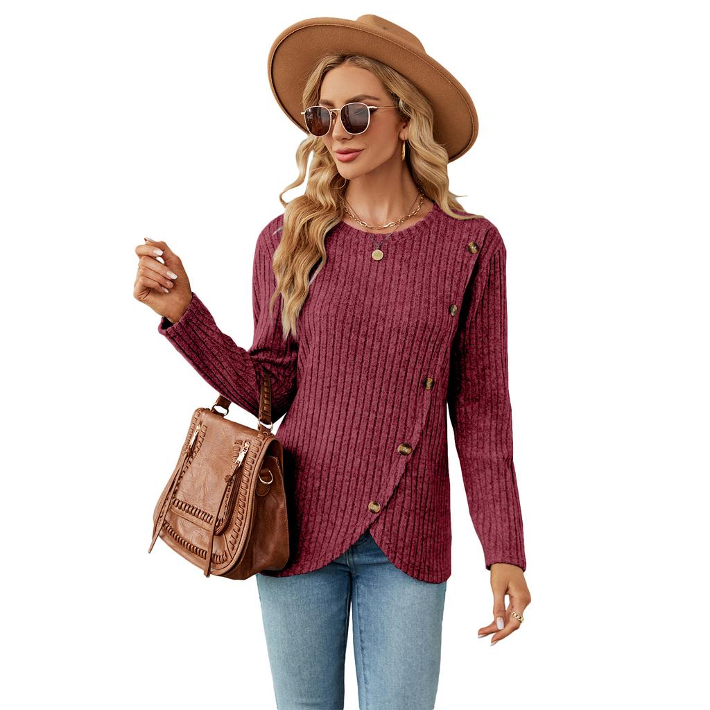 Spring Autumn Long Sleeve O Neck Solid Color Pit Women Irregular Pullover T Shirt Blouse Top