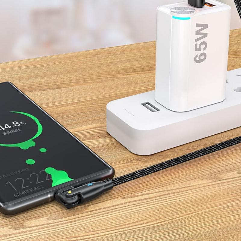 Кабель Type C мощностью 60 Вт со светодиодной подсветкой, оплеткой из нейлона, USB C, для быстрой зарядки, с регулируемыми на 180 градусов головками для удобства