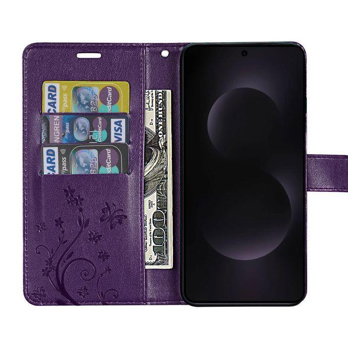 Coque de Protection - BOOLING - pour Samsung Galaxy S25 Edge - Effet Cuir Motif Floral Violet Foncé - 2 Vitres