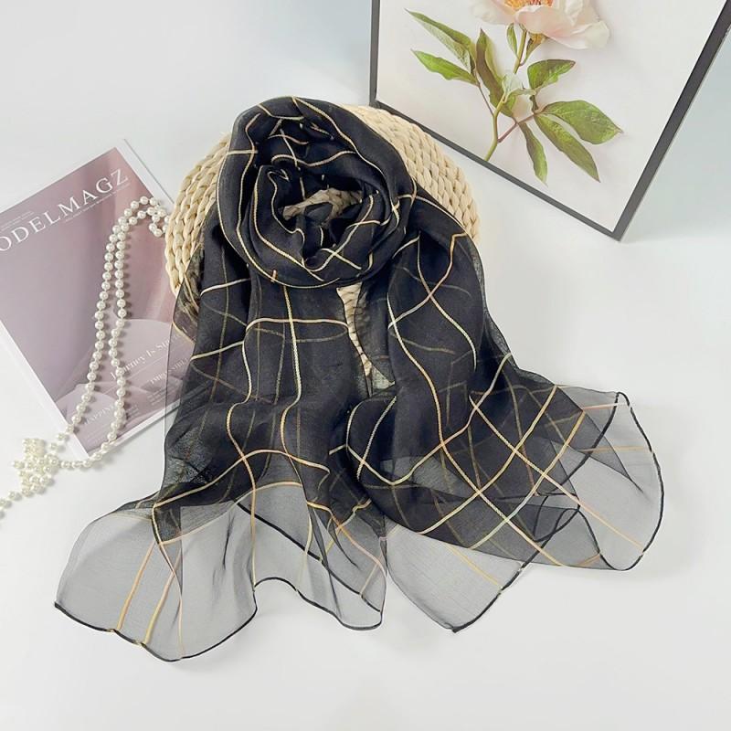 Elegant Lightweight Silk Blend Scarf Women Long Beach Wrap With Classic Check Vacation Accessory