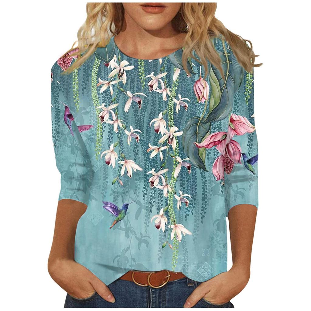 Женские топы с рукавом 3/4 и круглым вырезом Модные свободные милые рубашки Повседневные принты Модные блузки Футболки Летний пуловер