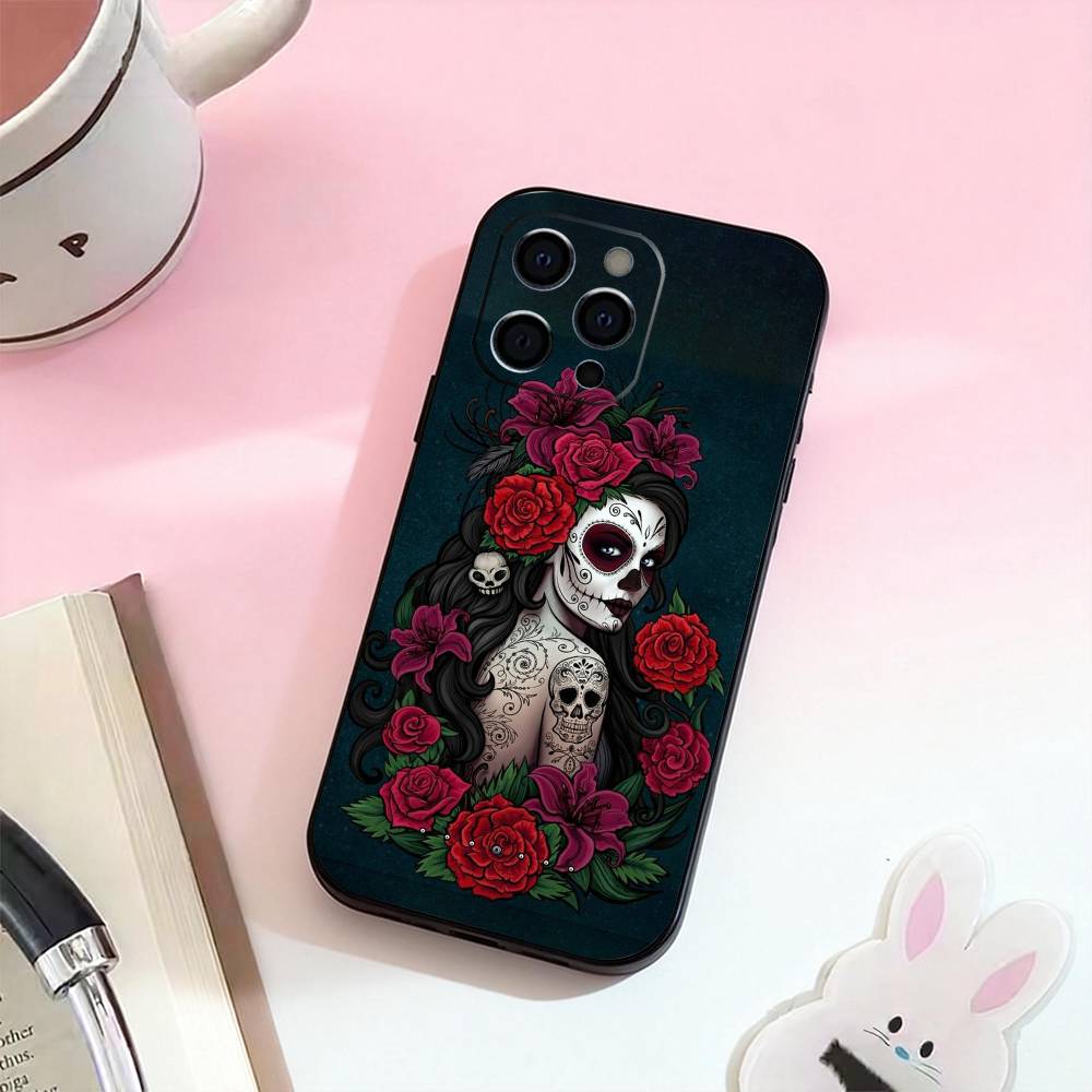 Чехол для телефона 'Мексиканский череп Катрины' для iPhone 17,16,15,14,13,12,11 Plus,Pro Max, Мягкий силиконовый черный чехол