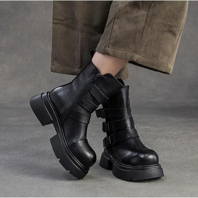 Johnature Plush Warm British Style Mid-calf Boots Genuine Leather Thick Soled Women's Shoes